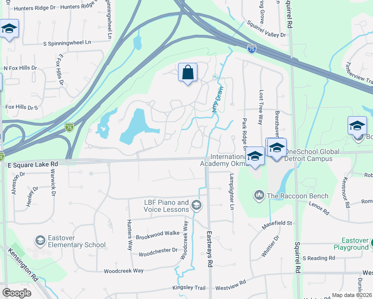 map of restaurants, bars, coffee shops, grocery stores, and more near 2596 Ginger Court in Bloomfield Hills