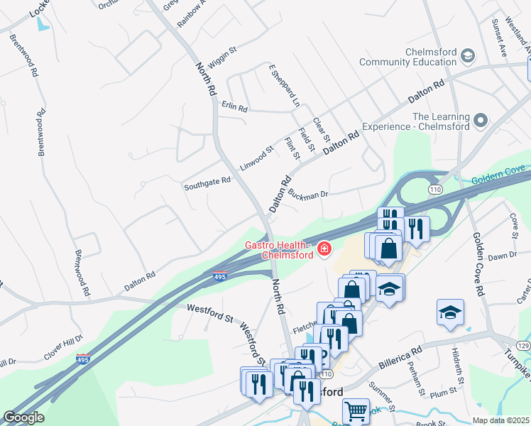 map of restaurants, bars, coffee shops, grocery stores, and more near 75 North Road in Chelmsford