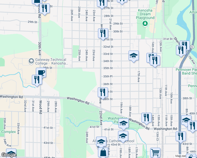 map of restaurants, bars, coffee shops, grocery stores, and more near 3542 22nd Avenue in Kenosha