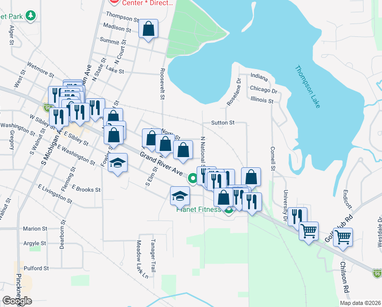 map of restaurants, bars, coffee shops, grocery stores, and more near 904 East Clinton Street in Howell