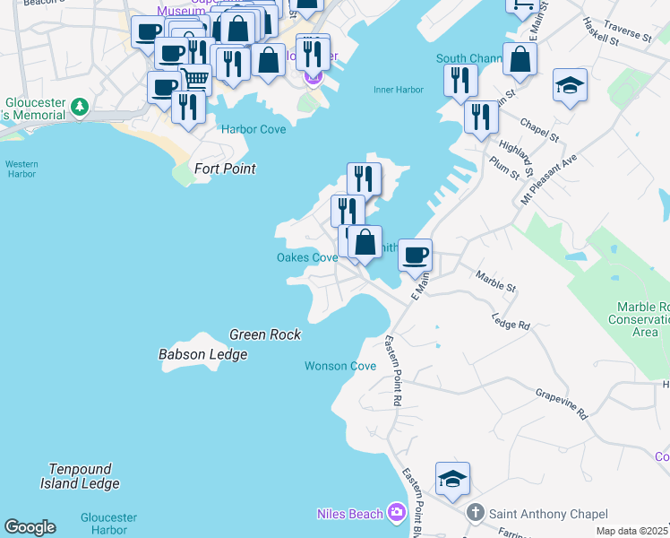 map of restaurants, bars, coffee shops, grocery stores, and more near 5 Fremont Street in Gloucester
