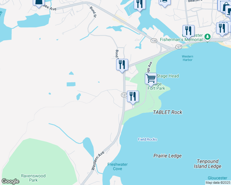 map of restaurants, bars, coffee shops, grocery stores, and more near 8 Old Salem Road in Gloucester