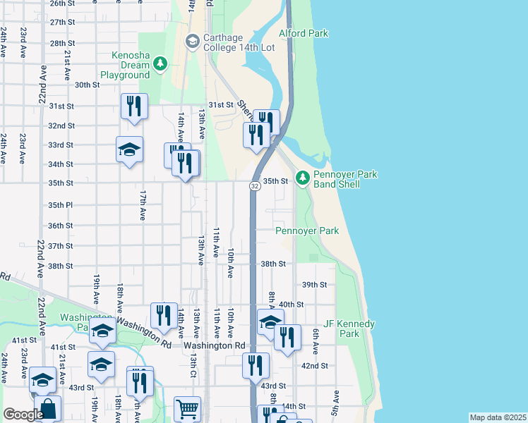 map of restaurants, bars, coffee shops, grocery stores, and more near 3504 7th Avenue in Kenosha