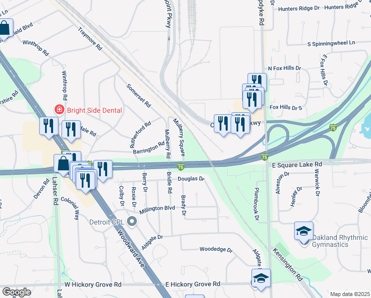 map of restaurants, bars, coffee shops, grocery stores, and more near 225 East Square Lake Road in Bloomfield Township