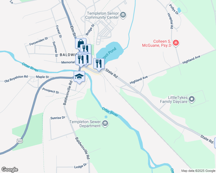 map of restaurants, bars, coffee shops, grocery stores, and more near 33 Mill Street in Templeton