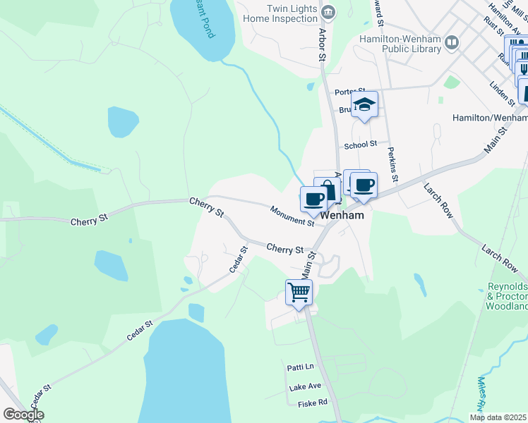 map of restaurants, bars, coffee shops, grocery stores, and more near 25 Monument Street in Wenham