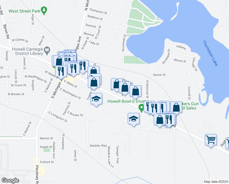 map of restaurants, bars, coffee shops, grocery stores, and more near 734 East Grand River Road in Howell