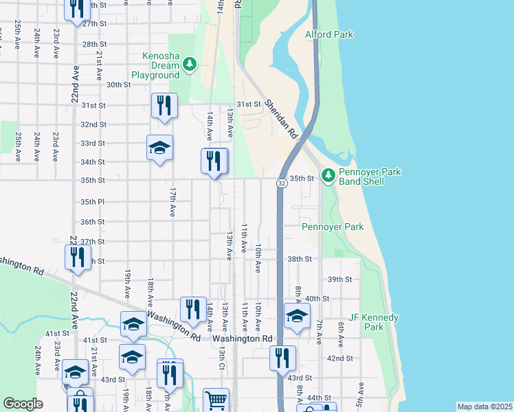 map of restaurants, bars, coffee shops, grocery stores, and more near 3559 11th Avenue in Kenosha