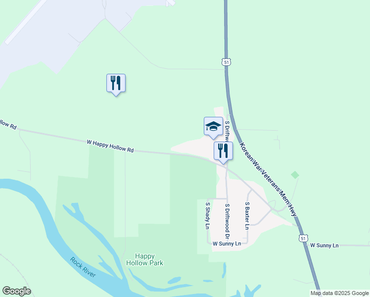 map of restaurants, bars, coffee shops, grocery stores, and more near 1300 West Happy Hollow Road in Janesville