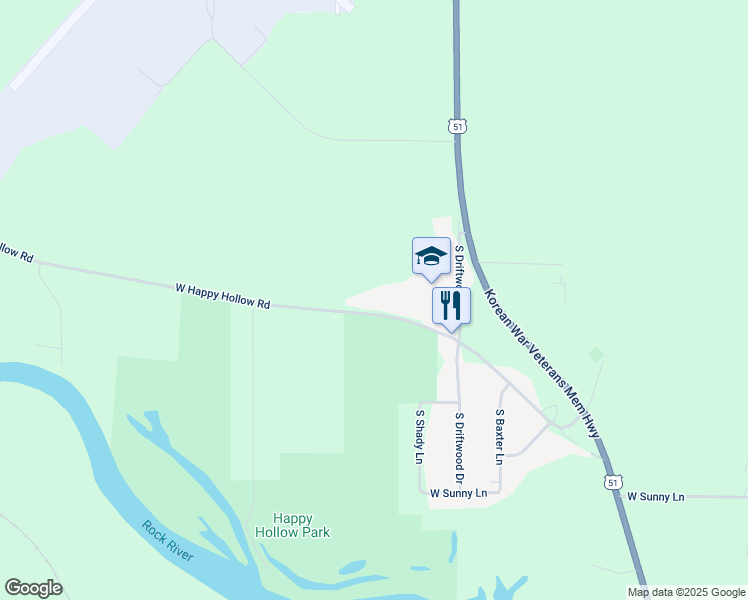 map of restaurants, bars, coffee shops, grocery stores, and more near 1300 West Happy Hollow Road in Janesville
