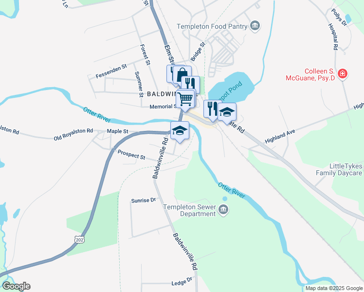 map of restaurants, bars, coffee shops, grocery stores, and more near 16 School Street in Templeton