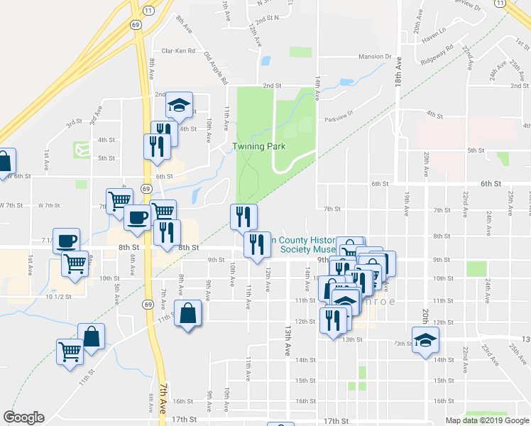 map of restaurants, bars, coffee shops, grocery stores, and more near 700 12th Avenue in Monroe