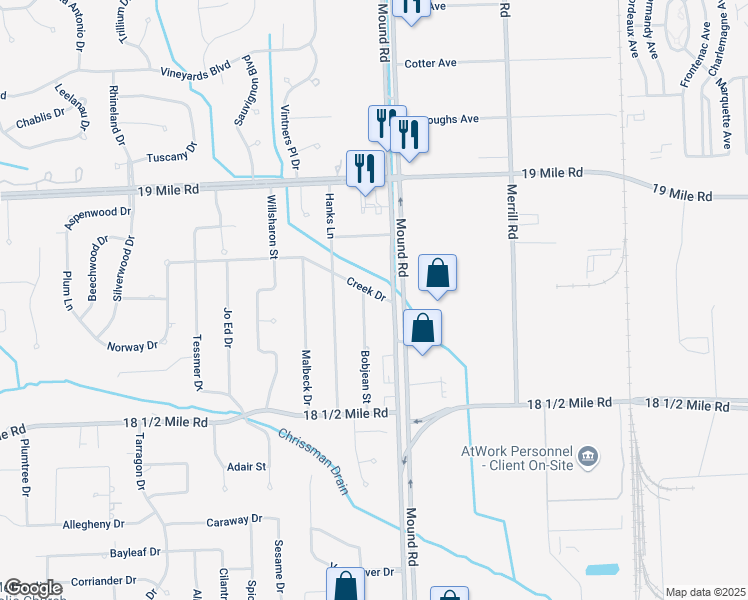 map of restaurants, bars, coffee shops, grocery stores, and more near 42324 Bobjean Street in Sterling Heights
