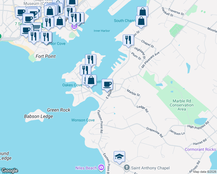 map of restaurants, bars, coffee shops, grocery stores, and more near 263 East Main Street in Gloucester