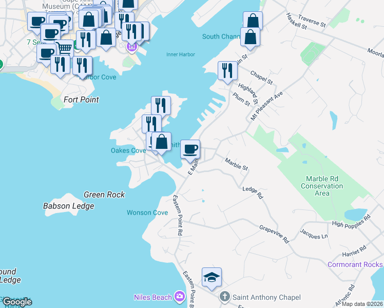 map of restaurants, bars, coffee shops, grocery stores, and more near 271R East Main Street in Gloucester