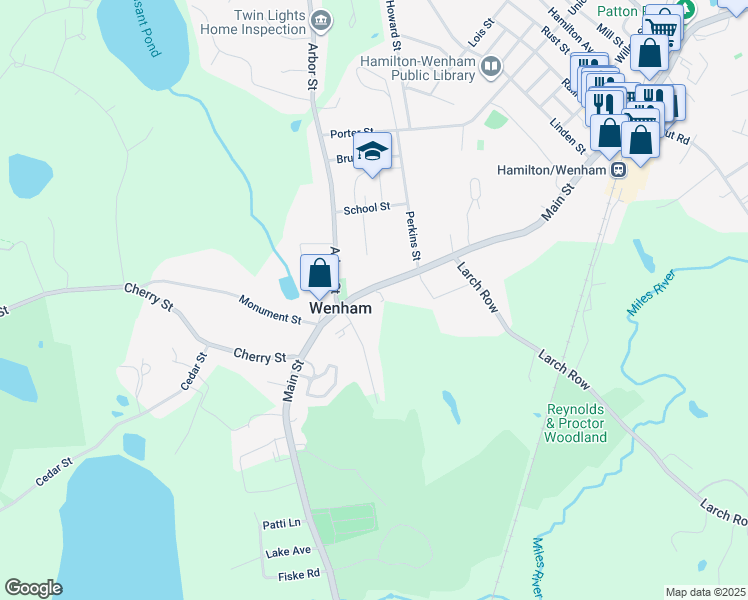map of restaurants, bars, coffee shops, grocery stores, and more near 144 Main Street in Wenham