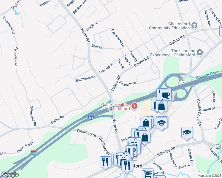 map of restaurants, bars, coffee shops, grocery stores, and more near 71 North Road in Chelmsford