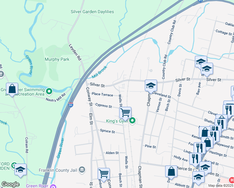map of restaurants, bars, coffee shops, grocery stores, and more near 358 Wells Street in Greenfield