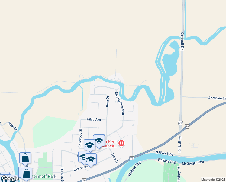 map of restaurants, bars, coffee shops, grocery stores, and more near 559 Sandra Crescent in Wallaceburg