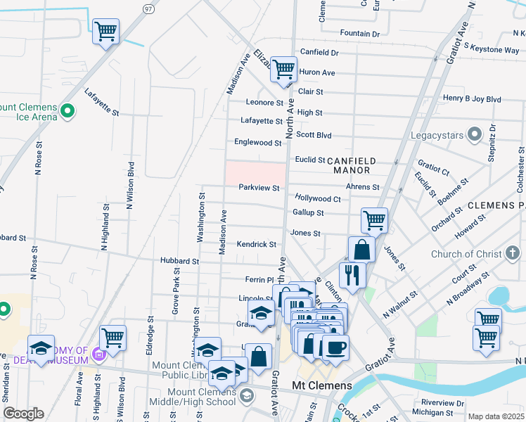 map of restaurants, bars, coffee shops, grocery stores, and more near 256 Jones Street in Mount Clemens