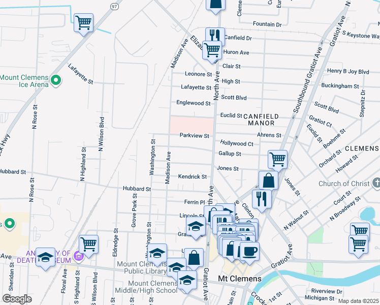 map of restaurants, bars, coffee shops, grocery stores, and more near 284 Jones Street in Mount Clemens