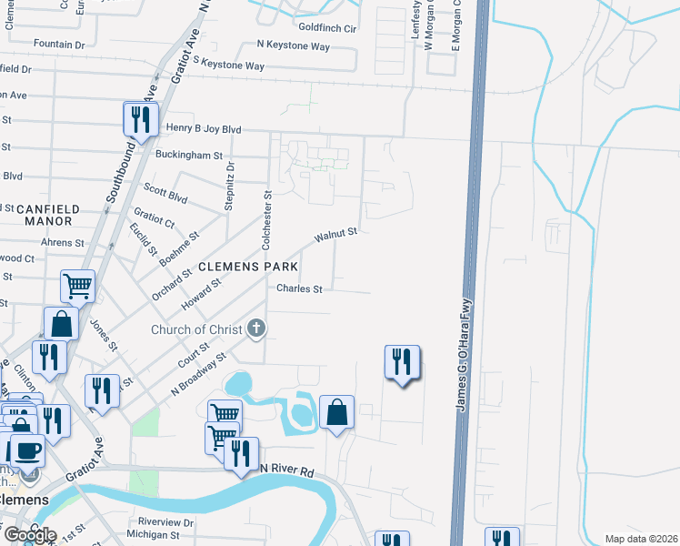 map of restaurants, bars, coffee shops, grocery stores, and more near 24176 Charles Street in Clinton Township