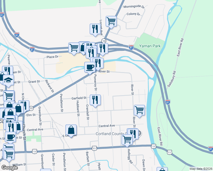 map of restaurants, bars, coffee shops, grocery stores, and more near 12 Salisbury Street in Cortland