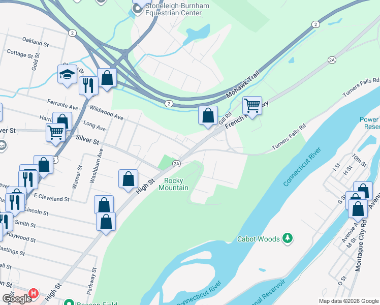 map of restaurants, bars, coffee shops, grocery stores, and more near 100-176 Stone Farm Lane in Greenfield
