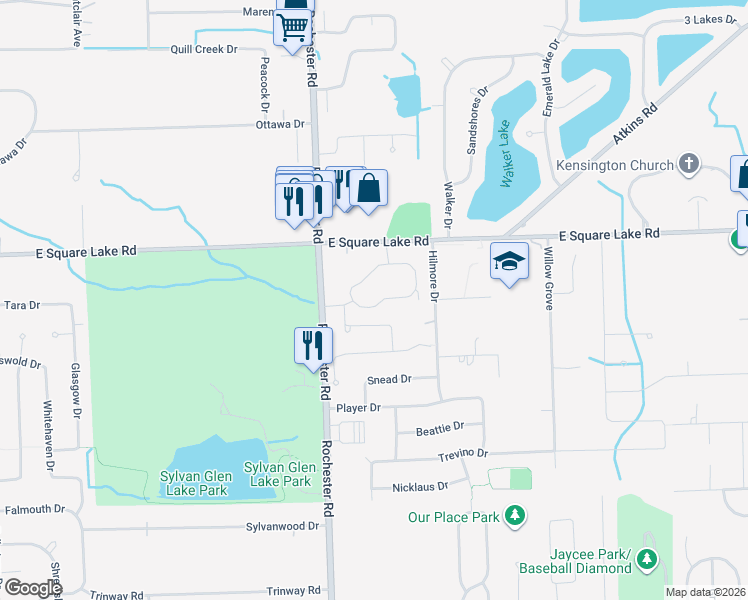 map of restaurants, bars, coffee shops, grocery stores, and more near 1135 Augusta Drive in Troy