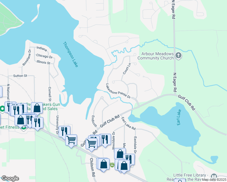 map of restaurants, bars, coffee shops, grocery stores, and more near 111 Lakeshore Pointe Drive in Howell