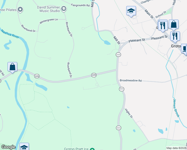 map of restaurants, bars, coffee shops, grocery stores, and more near 57 Long Hill Road in Groton