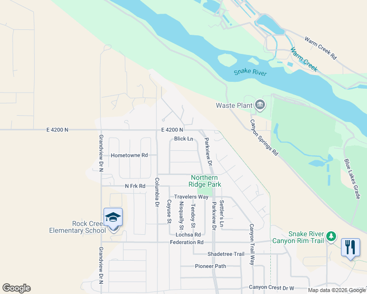 map of restaurants, bars, coffee shops, grocery stores, and more near 2436 Blick Lane in Twin Falls