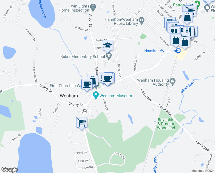 map of restaurants, bars, coffee shops, grocery stores, and more near 158 Main Street in Wenham