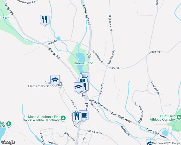 map of restaurants, bars, coffee shops, grocery stores, and more near 133 Massachusetts 31 in Fitchburg