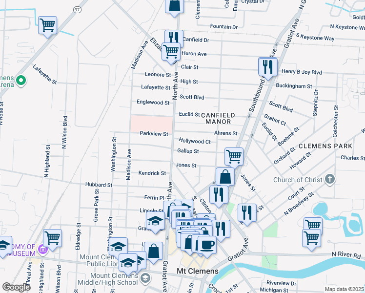 map of restaurants, bars, coffee shops, grocery stores, and more near 107 Ahrens Street in Mount Clemens