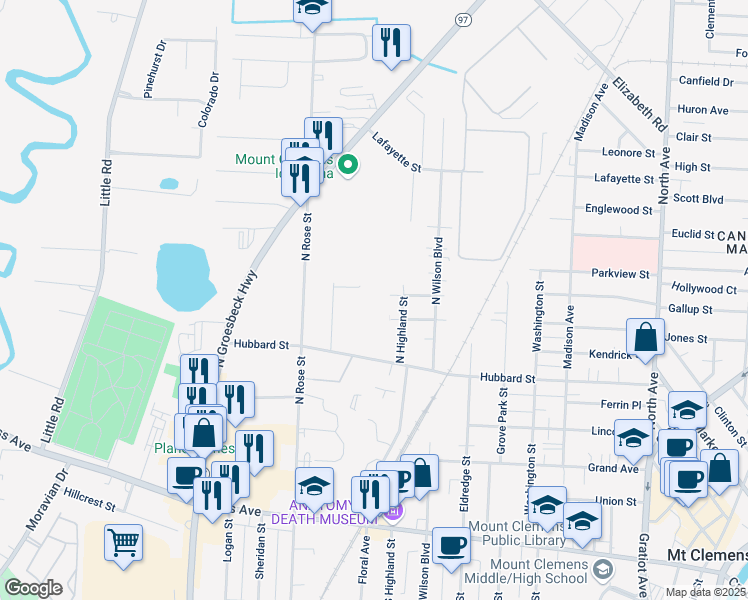 map of restaurants, bars, coffee shops, grocery stores, and more near 164 Comet Street in Mount Clemens