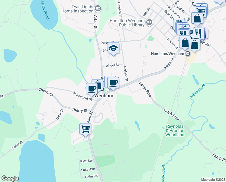 map of restaurants, bars, coffee shops, grocery stores, and more near 149 Main Street in Wenham