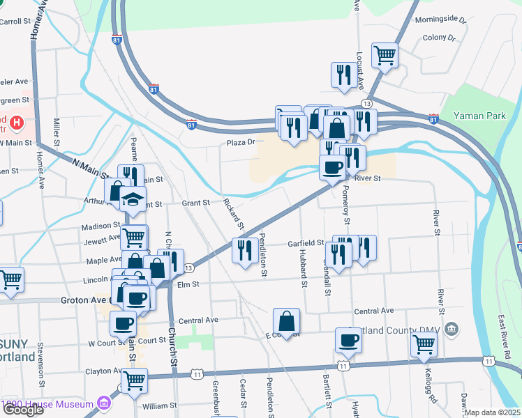 map of restaurants, bars, coffee shops, grocery stores, and more near 102 Clinton Avenue in Cortland