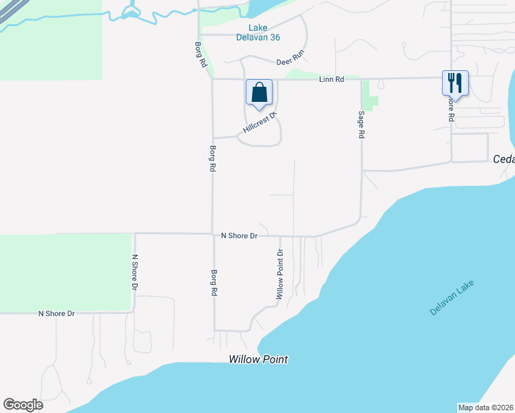map of restaurants, bars, coffee shops, grocery stores, and more near 2406 Quiet Lane in Delavan
