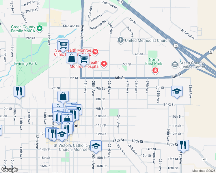 map of restaurants, bars, coffee shops, grocery stores, and more near 2121 7th Street in Monroe