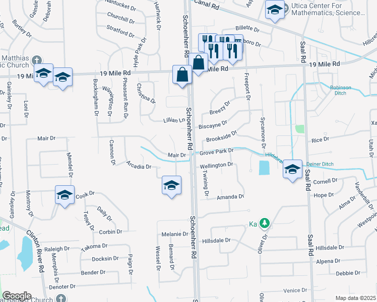 map of restaurants, bars, coffee shops, grocery stores, and more near 42369 Schoenherr Road in Sterling Heights