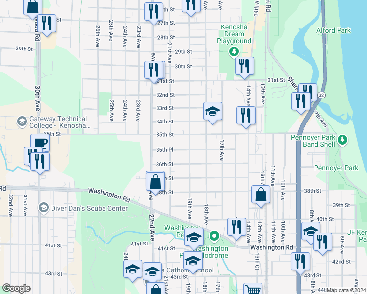 map of restaurants, bars, coffee shops, grocery stores, and more near 1912 35th Place in Kenosha