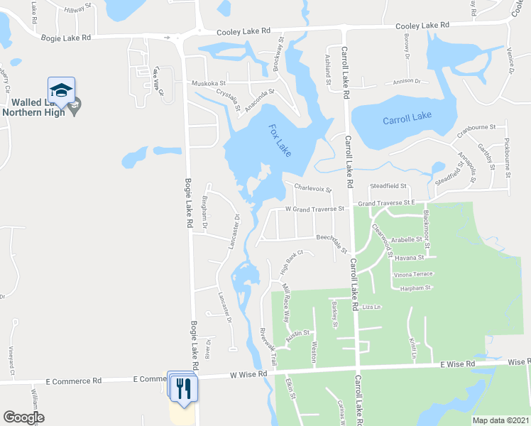 map of restaurants, bars, coffee shops, grocery stores, and more near 5691 Paradise Street in Commerce Township