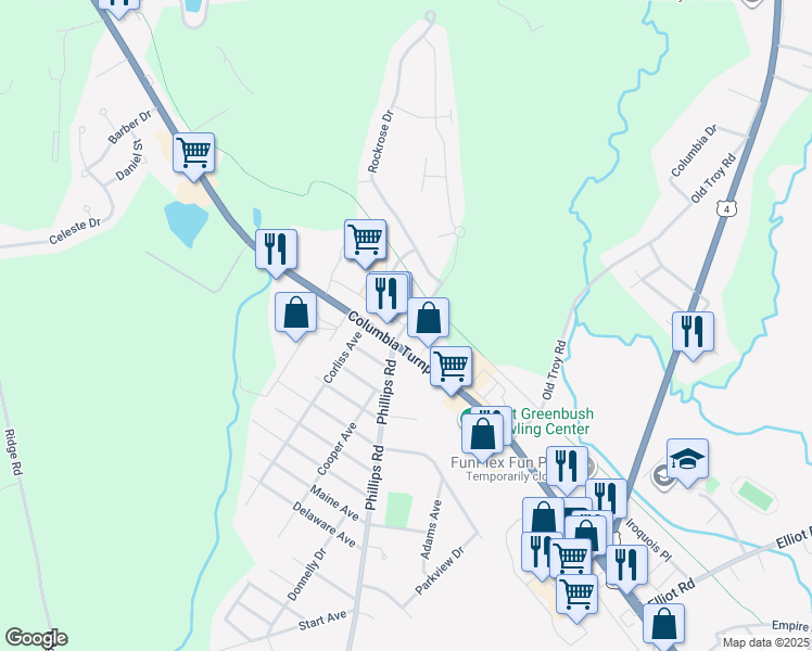 map of restaurants, bars, coffee shops, grocery stores, and more near 13 Forrest Drive in Rensselaer