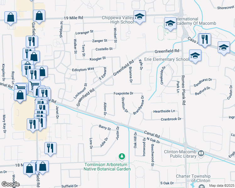 map of restaurants, bars, coffee shops, grocery stores, and more near 17883 Foxpointe Drive in Clinton Township
