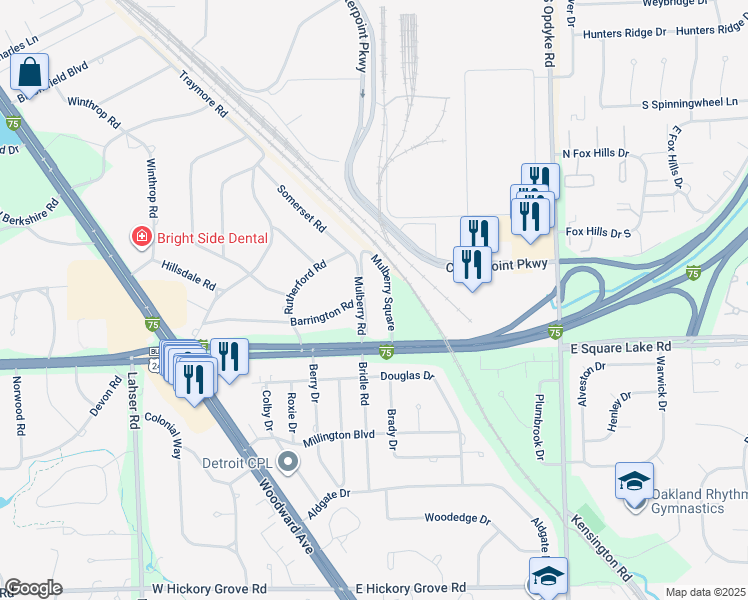 map of restaurants, bars, coffee shops, grocery stores, and more near 2450 Mulberry Square in Bloomfield Hills