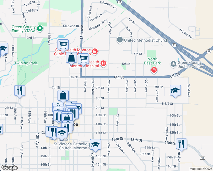 map of restaurants, bars, coffee shops, grocery stores, and more near 2121 7th Street in Monroe