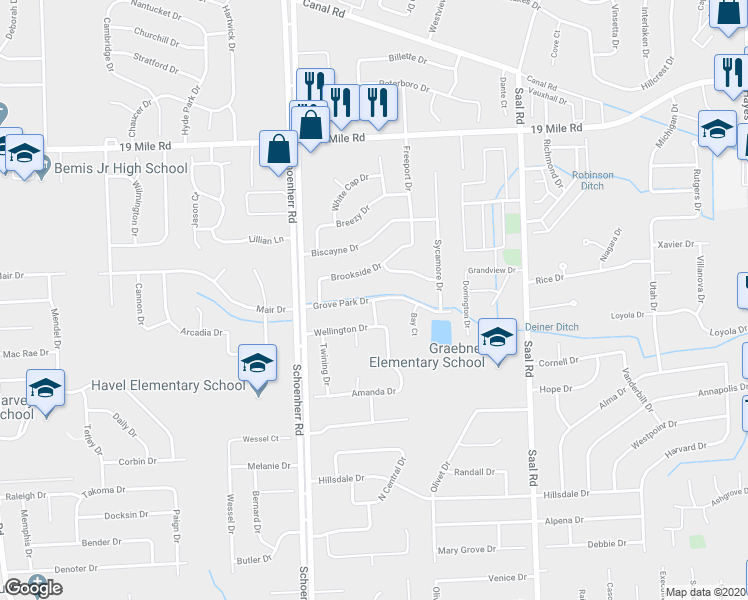 map of restaurants, bars, coffee shops, grocery stores, and more near 42098 Aurora Drive in Sterling Heights