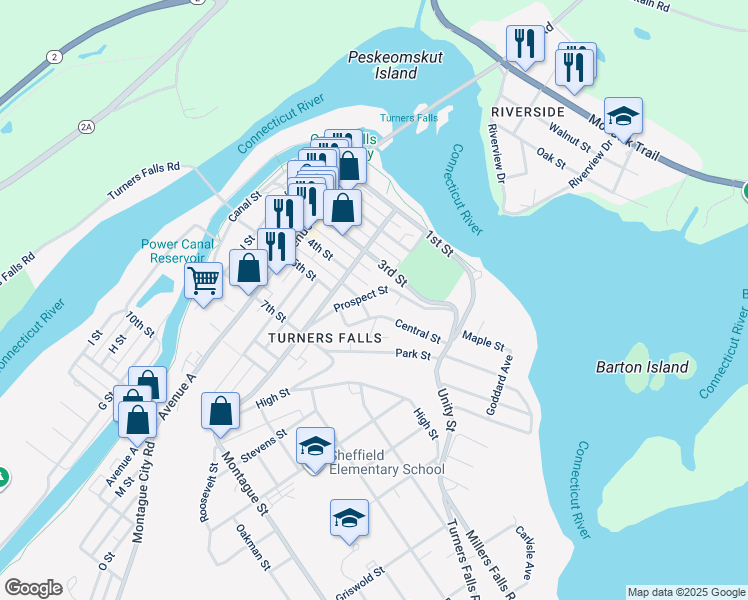 map of restaurants, bars, coffee shops, grocery stores, and more near 28 Prospect Street in Montague