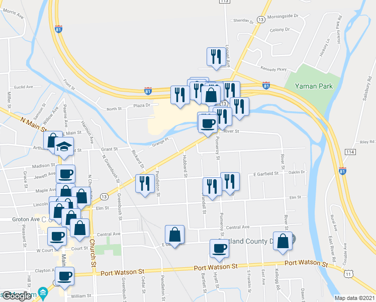 map of restaurants, bars, coffee shops, grocery stores, and more near 130 New York 13 in Cortland